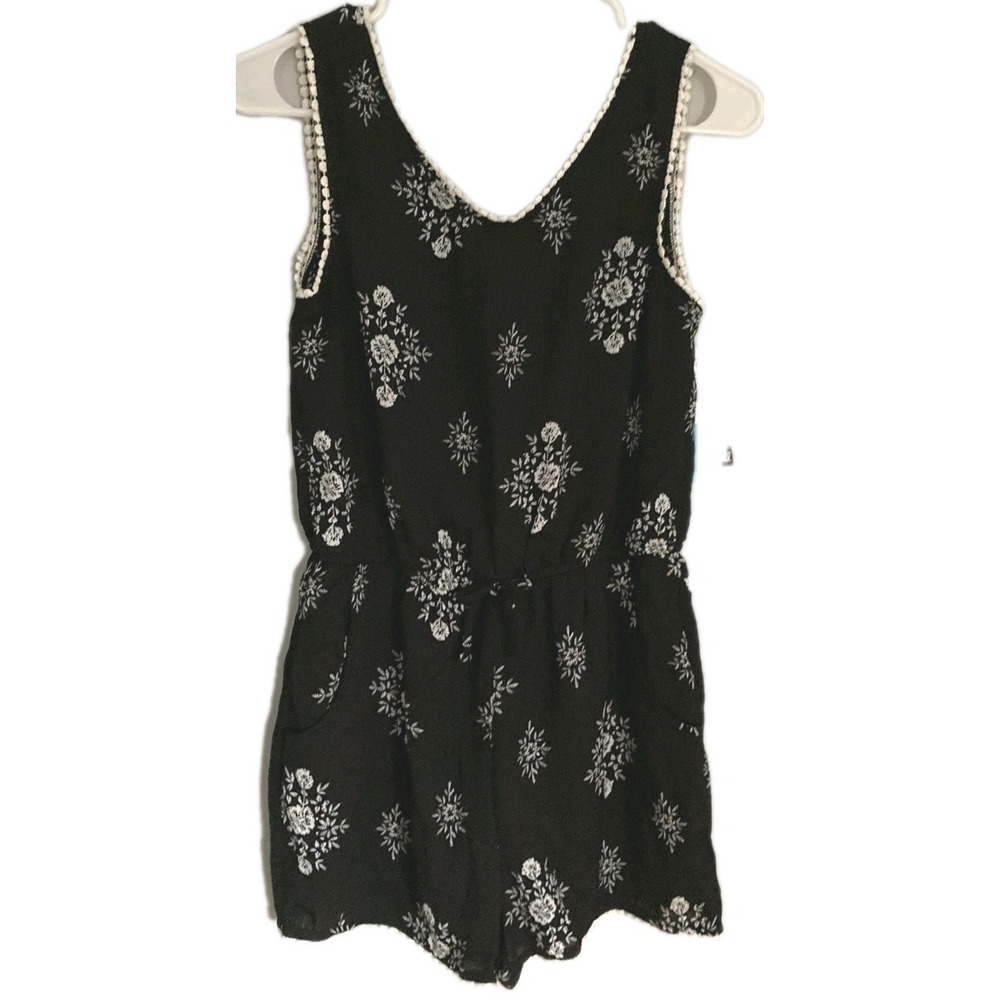 Paper Doll Romper Girls 16 Black White Floral Print Pom Trim Sleeveless NWT